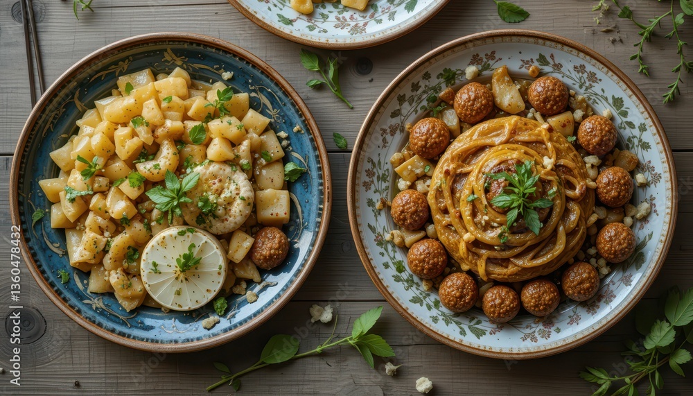Colorful Plated Pasta and Potato Dishes with Herbs and Spices Colorful Plated Pasta and Potato Dishes with Herbs and Spices