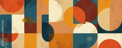 Panel kuchenny z motywem Abstract retro geometric shapes various shades brown, blue, orange, yellow, beige red. Minimalist design art illustration, artistic texture, stylish trending look, pop art, graphic art decor.