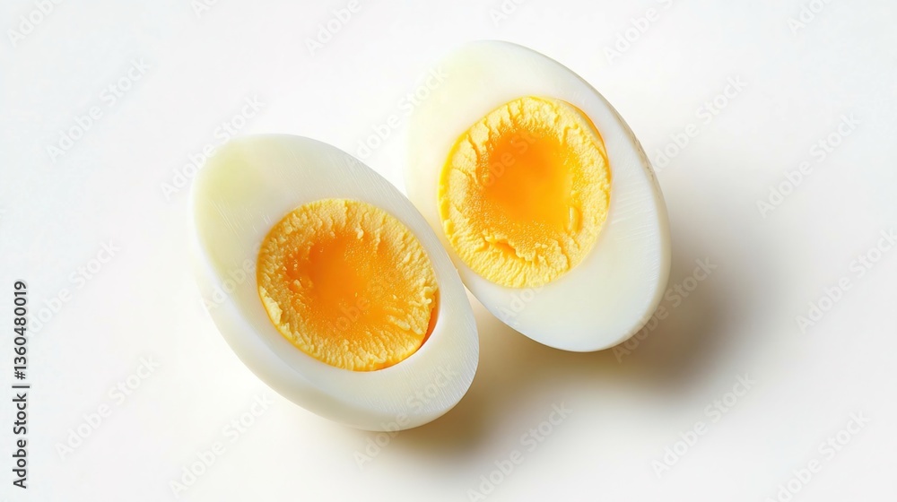 A soft - boiled egg cut in half with a runny yolk, on a white background, high - resolution, food photography, close - up A soft - boiled egg cut in half with a runny yolk, on a white background, high - resolution, food photography, close - up