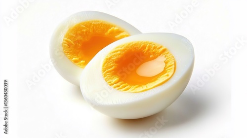 A soft - boiled egg cut in half with a runny yolk, on a white background, high - resolution, food photography, close - up