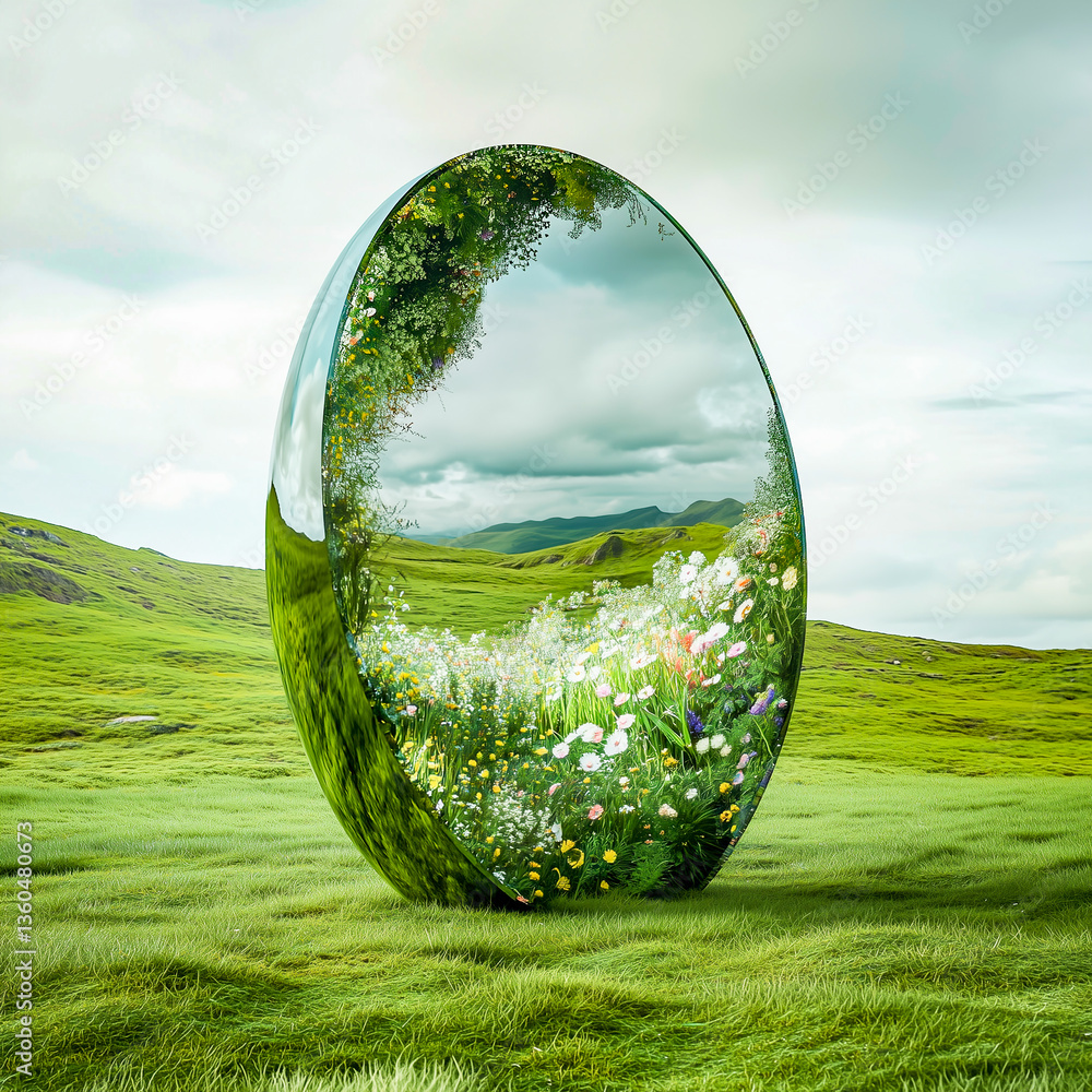 Futuristic Easter egg, concept of new life, spring world. Egg-shaped mirror on a green hill.
