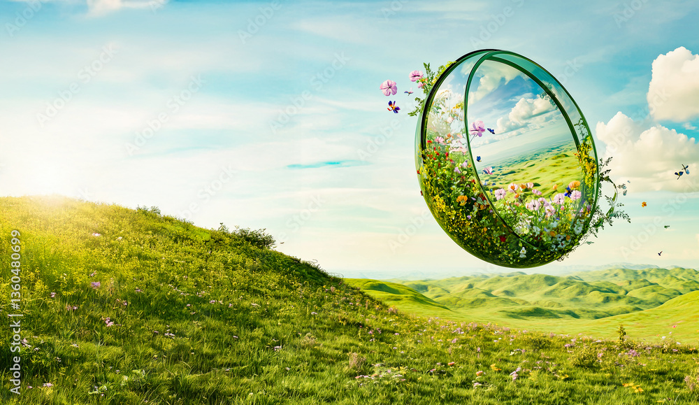 Futuristic Easter egg, concept of new life, spring world. Egg-shaped mirror on a green hill.