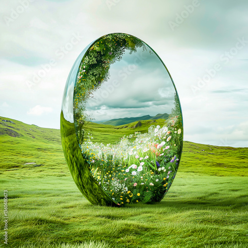 Obraz na płótnie Futuristic Easter egg, concept of new life, spring world. Egg-shaped mirror on a green hill. w salonie