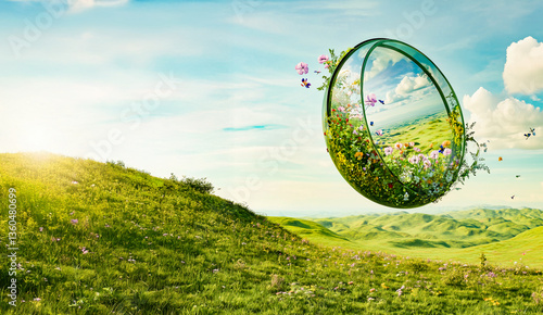 Futuristic Easter egg, concept of new life, spring world. Egg-shaped mirror on a green hill.
