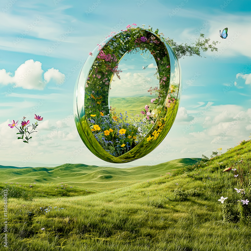 Futuristic Easter egg, concept of new life, spring world. Egg-shaped mirror on a green hill.
