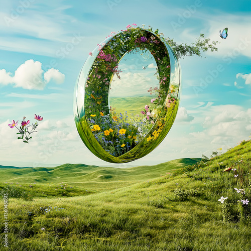 Obraz na płótnie Futuristic Easter egg, concept of new life, spring world. Egg-shaped mirror on a green hill. w salonie
