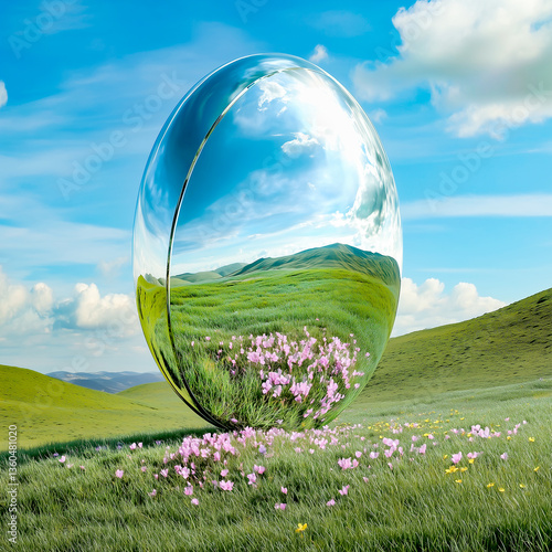 Futuristic Easter egg, concept of new life, spring world. Egg-shaped mirror on a green hill.