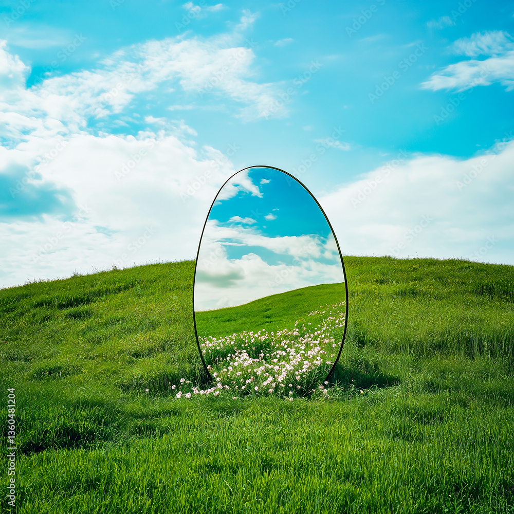 Futuristic Easter egg, concept of new life, spring world. Egg-shaped mirror on a green hill.