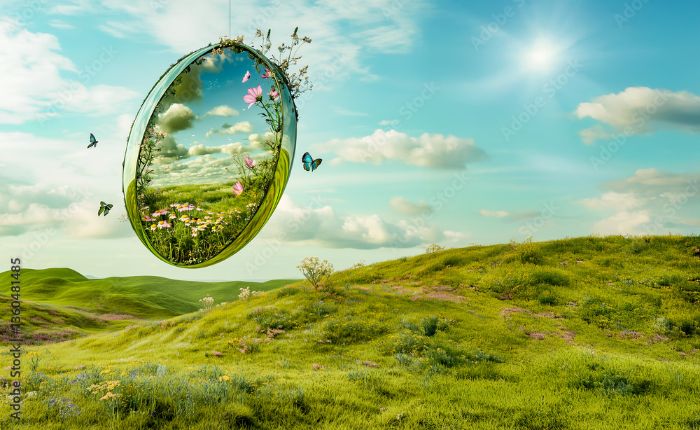 Futuristic Easter egg, concept of new life, spring world. Egg-shaped mirror on a green hill.