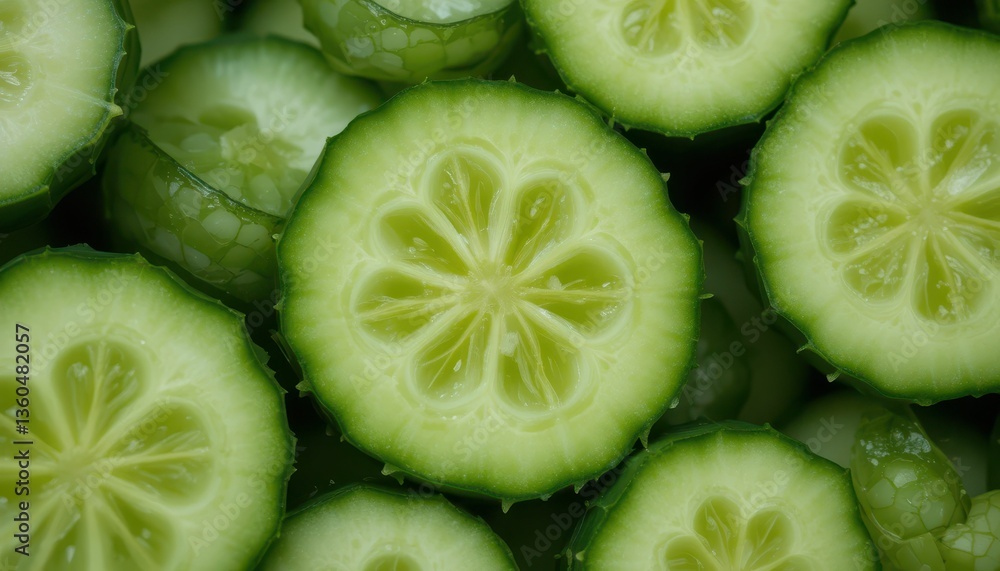 Freshly Sliced Cucumbers Close-Up on Green Background Freshly Sliced Cucumbers Close-Up on Green Background