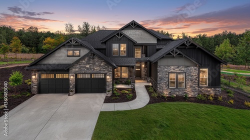 Craftsman home exterior at dusk for real estate marketing, finance, construction, architecture