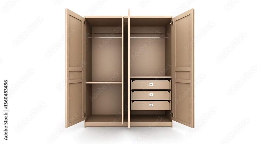 An open light - colored wooden wardrobe with hanging rods, shelves, and drawers inside, on a white background, minimalist style, high - quality 3D render An open light - colored wooden wardrobe with hanging rods, shelves, and drawers inside, on a white background, minimalist style, high - quality 3D render