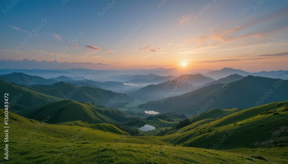 Obraz premium Serene Sunrise over Rolling Green Hills and Tranquil Valley Landscape