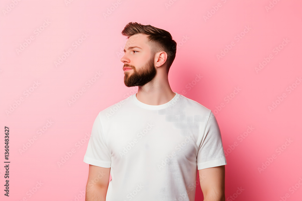 Obraz premium Casual Young Man in White T-Shirt Posing Against Peach Background