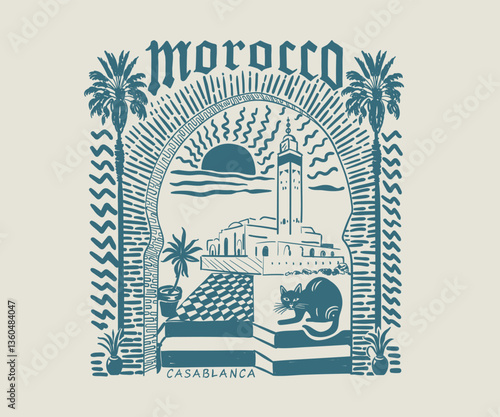 Morocco travel hand drawn vector art, Summer vacation vector graphic art, Mediterranean holidays destinations artwork for t shirt, wall art, home decoration