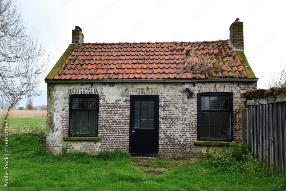 Old rustic building with weathered brick walls and a moss-covered roof located in a rural area under an overcast sky, surrounded by greenery during early springtime Old rustic building with weathered brick walls and a moss-covered roof located in a rural area under an overcast sky, surrounded by greenery during early springtime