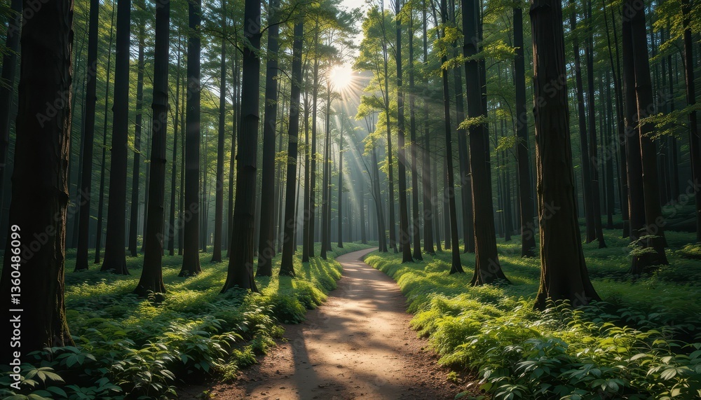 Fototapeta premium Serene Forest Pathway with Sunlight Filtering Through Trees