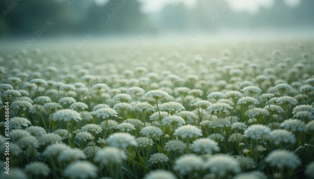 Serene Field of White Flowers Under Soft Morning Light Serene Field of White Flowers Under Soft Morning Light