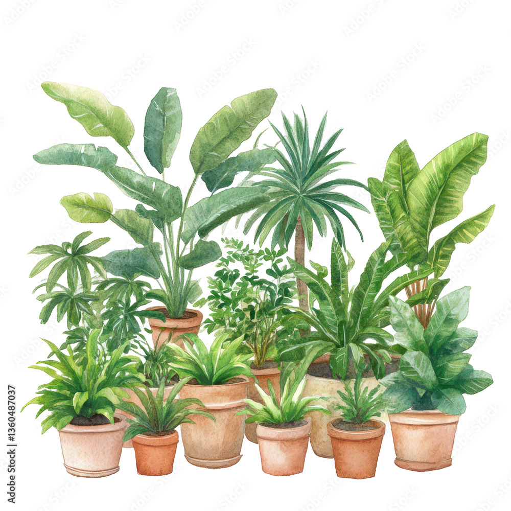 Obraz premium A Watercolor Oasis: A vibrant watercolor illustration of a lush collection of potted plants, offering a sense of tranquility and the beauty of nature. 