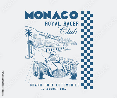 Monaco vintage race track vector art, Monaco royal racer club vector design, Vintage racing t shirt design, French summer vacation artwork