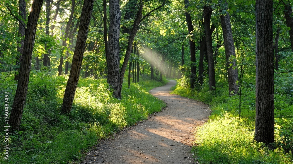 Fototapeta premium Dreamy nature trail winding through a dense green forest, bathed in warm morning light.