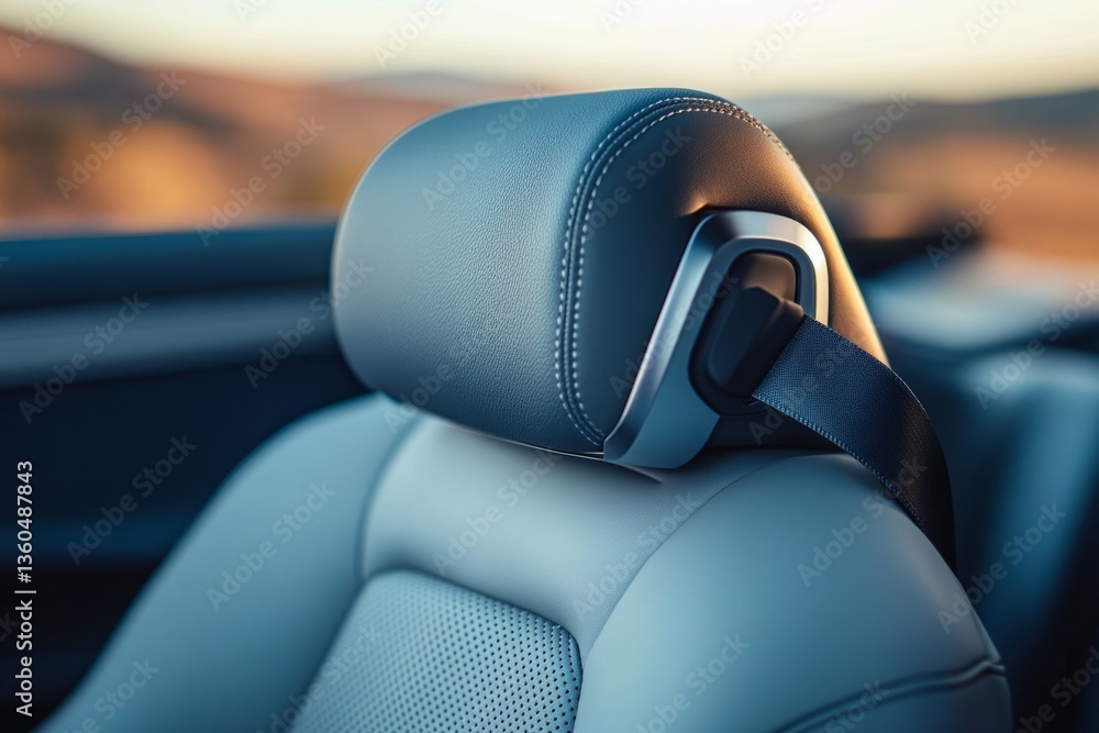 Empty car seat with visible seatbelt in a convertible car at sunset, suggesting a relaxing road trip Empty car seat with visible seatbelt in a convertible car at sunset, suggesting a relaxing road trip