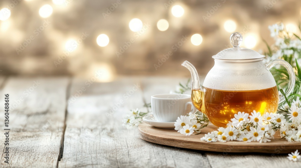Fototapeta premium Aromatic Tea Time: A close-up shot showcases a clear glass teapot filled with golden tea, a delicate teacup, and a small bouquet of white flowers, all arranged on a wooden tray.