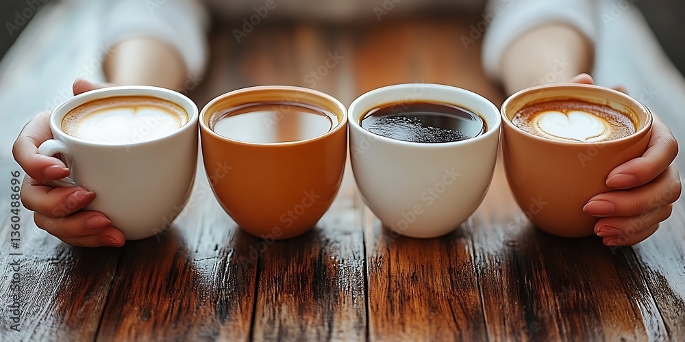 Coffee cups on wooden table. Coffee cups on wooden table.