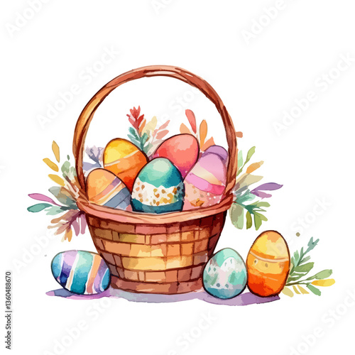 basket with easter eggs, water color hand made paint