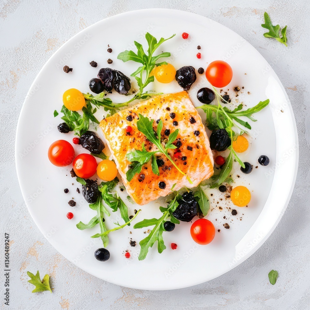 Gourmet Salmon Platter: A visually stunning plate features a perfectly cooked salmon fillet, artistically arranged with a medley of fresh cherry tomatoes, olives. Gourmet Salmon Platter: A visually stunning plate features a perfectly cooked salmon fillet, artistically arranged with a medley of fresh cherry tomatoes, olives.