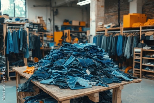 Pile of assorted denim jeans in a clothing warehouse during daytime in an urban area, showcasing various styles and sizes