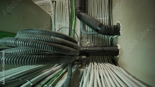 Organized bundle of insulated electrical and network cables in utility corridor
