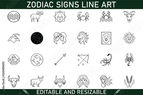 Editable Resizable Zodiac Signs Line Art Graphic Designs