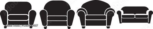 Simple black and white silhouettes of various armchairs and a couch.