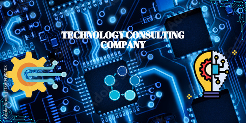 Technology Consulting Company Business Concept Illustration Vector on Blue Background. Professional Business Consulting Icon Banner. Industry, Success, Top, Consultation, Tech, Service, Strategy 