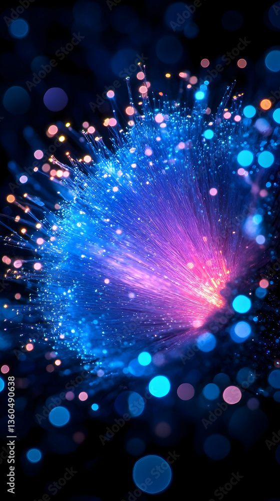 Fototapeta premium Glowing fiber optic burst against dark bokeh background