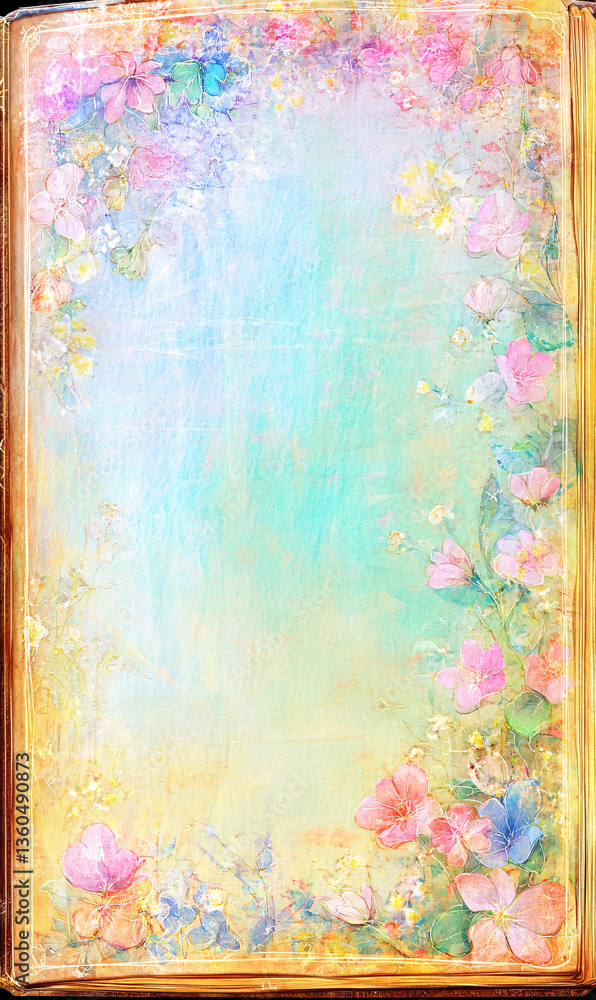 Obraz premium An open book with pages filled with soft pastel colors and floral designs. Delicate flowers and glowing light surround the book, creating a dreamy atmosphere. Some images may feature blank pages frame