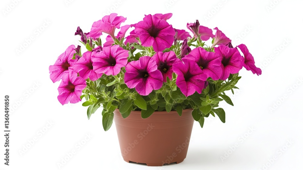 Fototapeta premium A pot of blooming pink petunias in a terracotta flower pot, against a white background, bright colors, high - resolution, plant photography