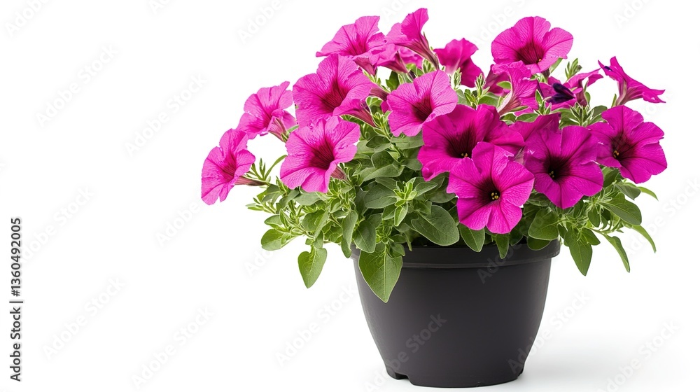 Naklejka premium A pot of blooming pink petunias in a terracotta flower pot, against a white background, bright colors, high - resolution, plant photography