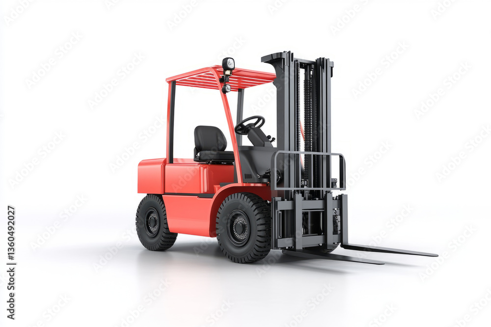 Fototapeta premium Red forklift truck isolated on white background, logistics and transportation industry concept
