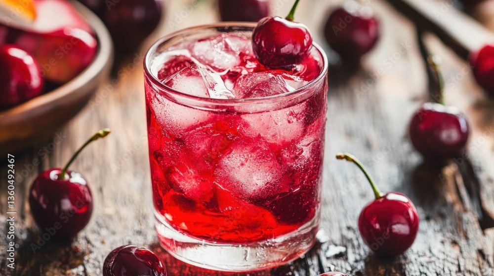 A refreshing cherry beverage with ice cubes and fresh fruit A refreshing cherry beverage with ice cubes and fresh fruit