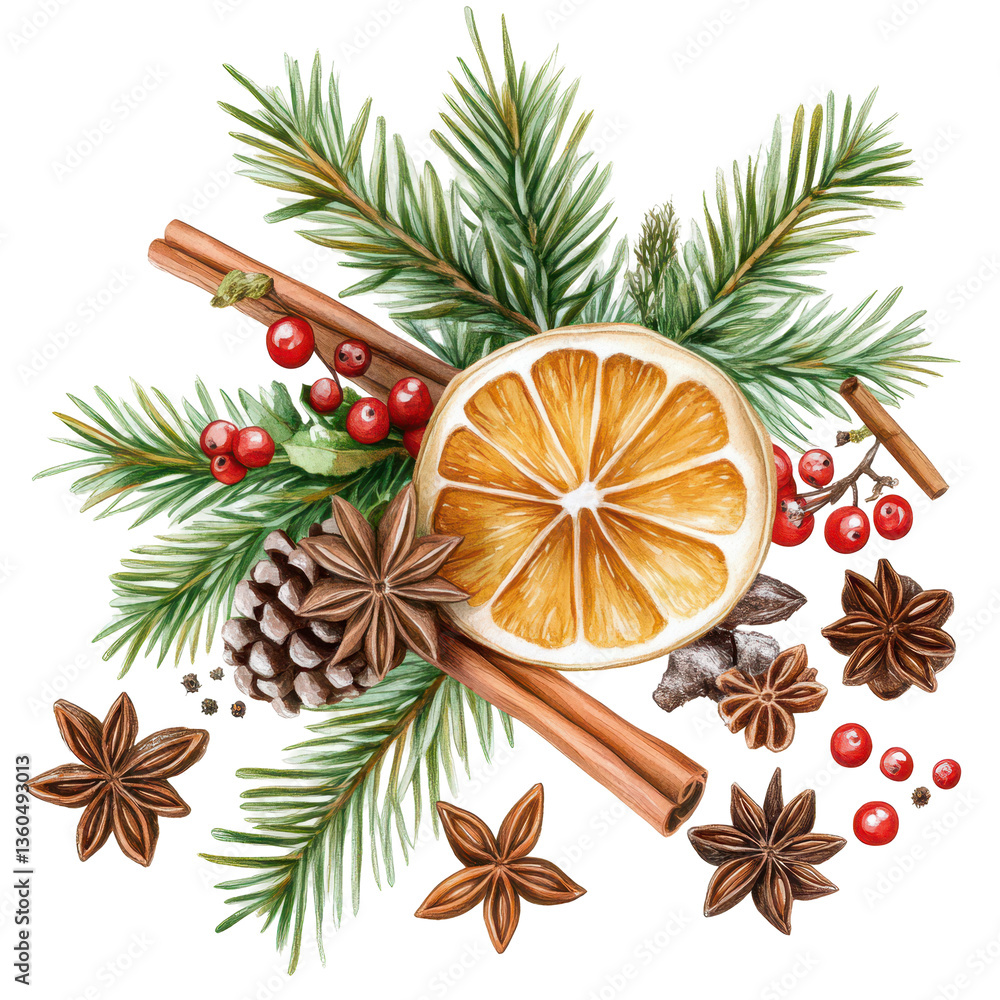 Festive Still Life: A watercolor painting showcases a vibrant arrangement of seasonal elements, capturing the essence of warmth, aroma, and cheer. It is a sensory delight! Festive Still Life: A watercolor painting showcases a vibrant arrangement of seasonal elements, capturing the essence of warmth, aroma, and cheer. It is a sensory delight!