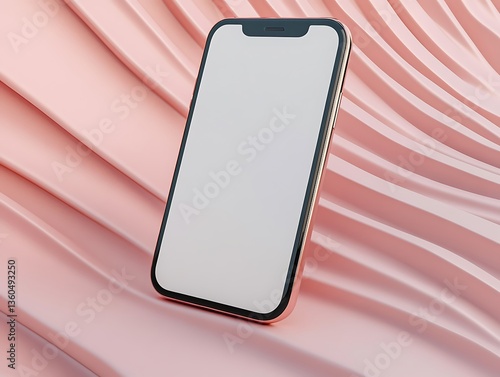 A modern smartphone rests on a textured wavy pink background