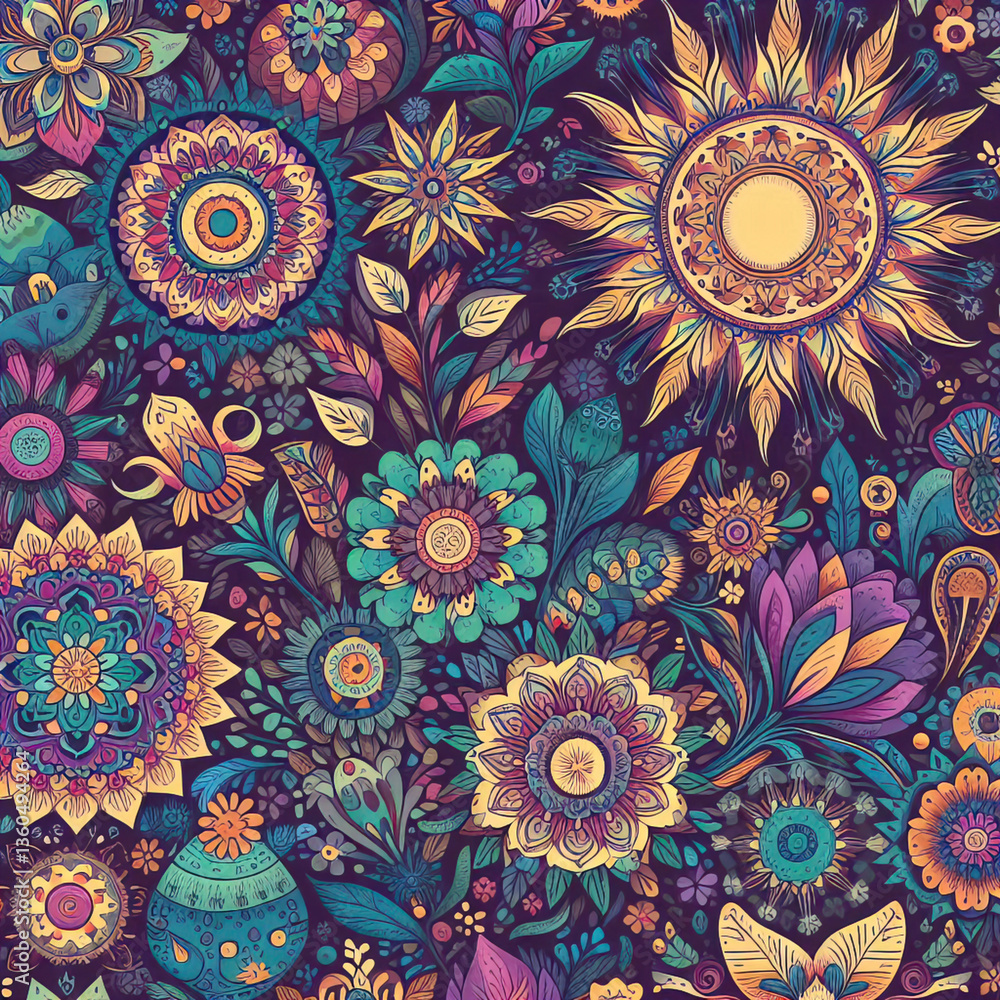 Seamless retro pattern with flowers and bouquets and traditional indian patterns, hand drawn. children's drawing, background illustration of traditional indian tapestry. vintage textile print Seamless retro pattern with flowers and bouquets and traditional indian patterns, hand drawn. children's drawing, background illustration of traditional indian tapestry. vintage textile print
