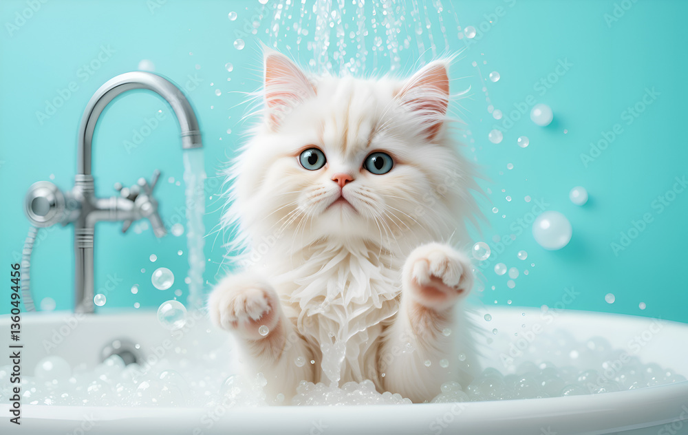 beautiful white cat taking bath with bubbles. Digital artwork. Ai generated