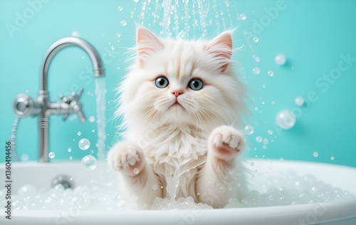 Obraz na płótnie beautiful white cat taking bath with bubbles. Digital artwork. Ai generated w salonie