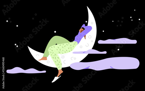 Night dream, sleep concept. Relaxing on moon crescent. Woman asleep in sky and clouds. Peaceful relaxation in heavens. Flat graphic vector illustration isolated on white background
