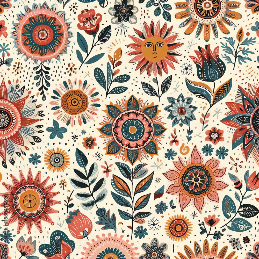 Seamless retro pattern with flowers and bouquets and traditional indian patterns, hand drawn. children's drawing, background illustration of traditional indian tapestry. vintage textile print Seamless retro pattern with flowers and bouquets and traditional indian patterns, hand drawn. children's drawing, background illustration of traditional indian tapestry. vintage textile print