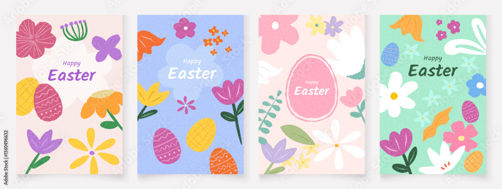 Set of Easter holiday cards with vibrant textures. Creative vector illustrations with hand drawn eggs, spring flowers, and grass. For party invitations, branding, ads, covers, and sales.
Set of Easter holiday cards with vibrant textures. Creative vector illustrations with hand drawn eggs, spring flowers, and grass. For party invitations, branding, ads, covers, and sales.