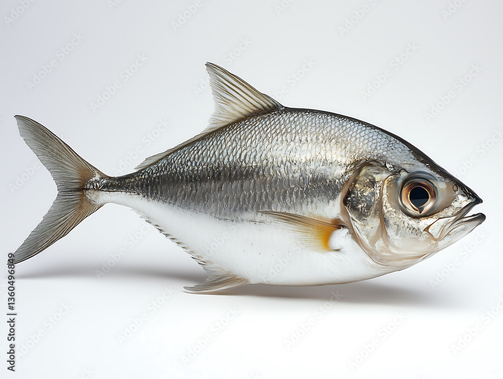 Obraz premium Sleek Silver Fish with Orange Accents on White Background